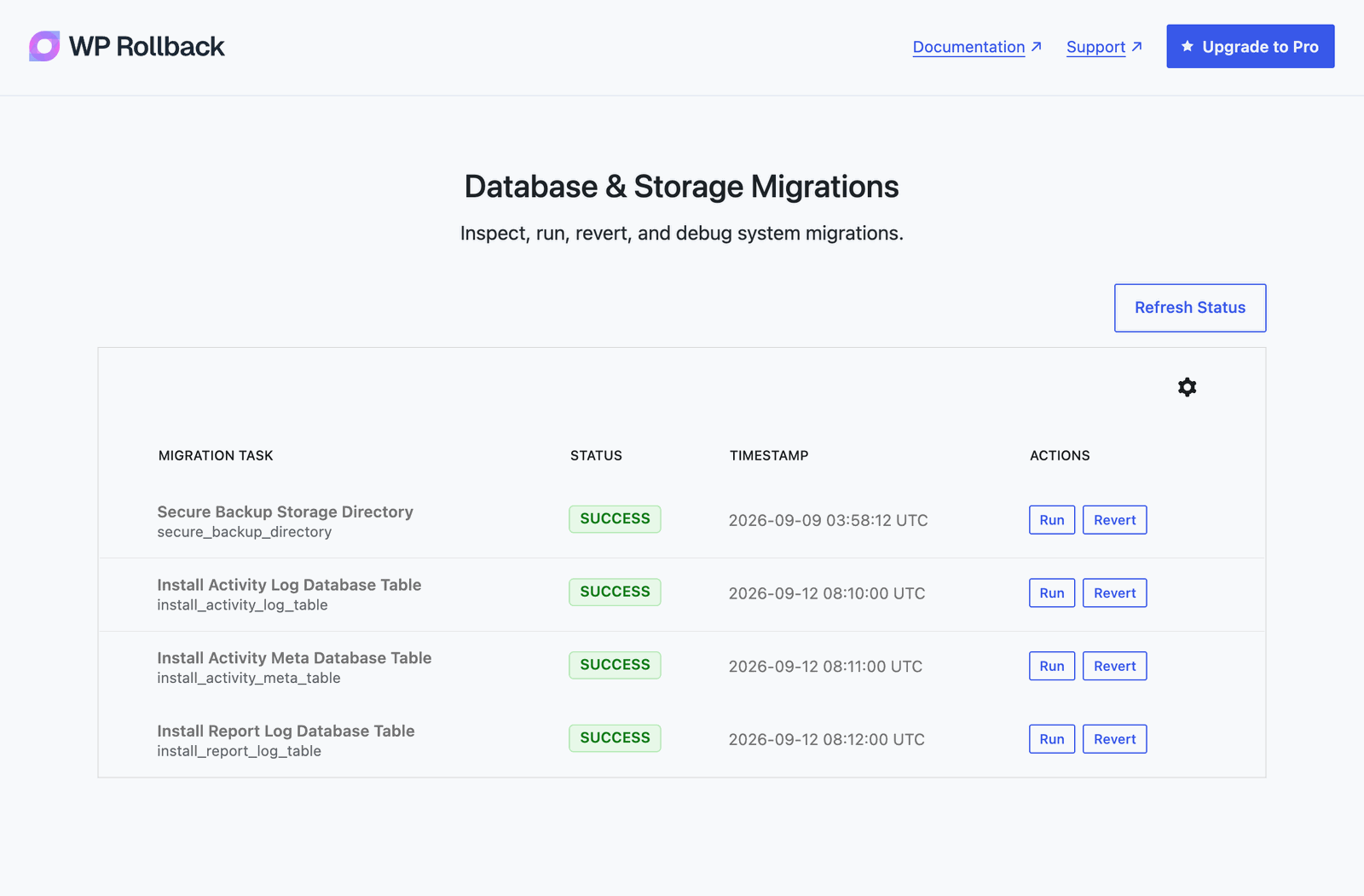The Database & Storage Migrations screen, listing each migration with its status and Run and Revert buttons