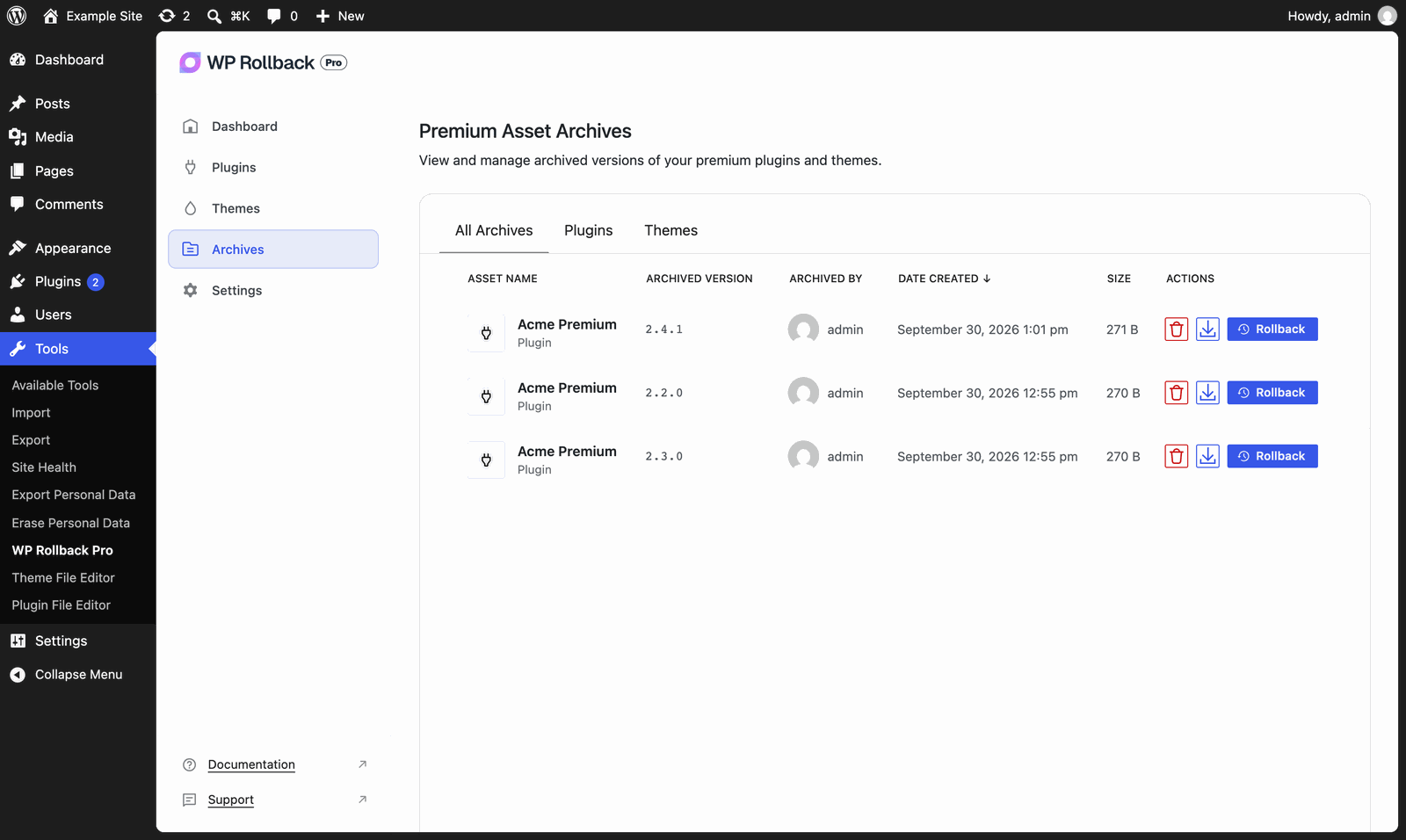 The Archives screen in WP Rollback Pro, with Delete, Download, and Rollback buttons for each backup