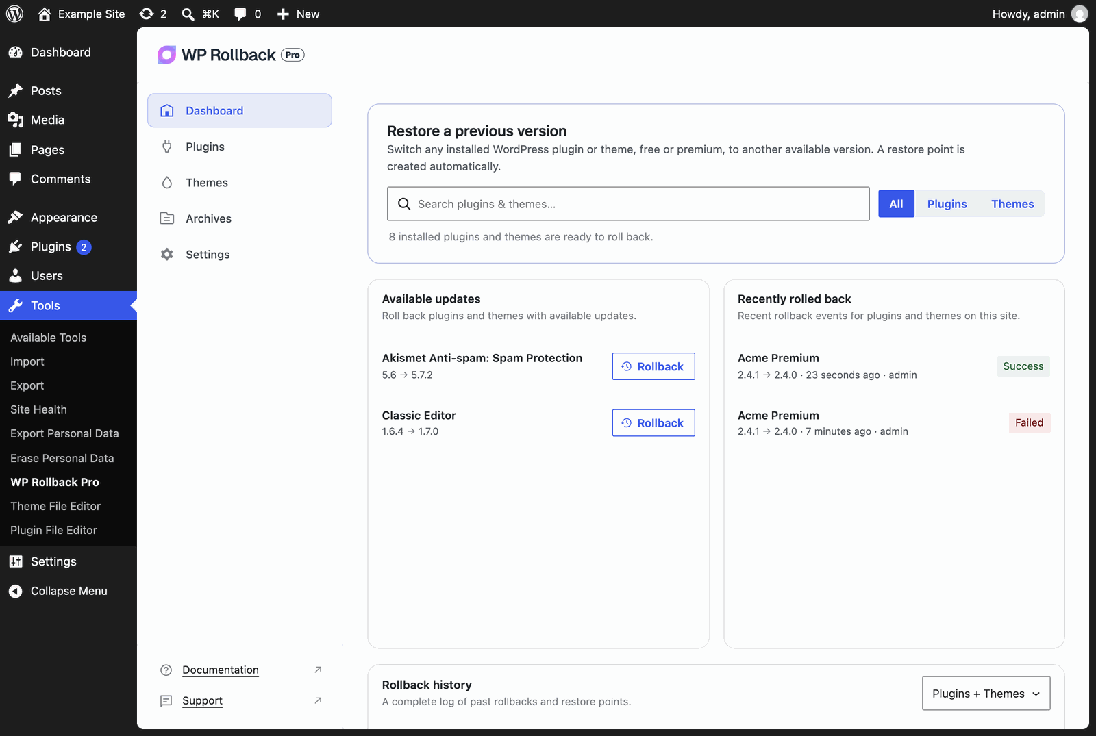 The WP Rollback Pro Dashboard with the Restore a previous version search, Available updates, and Recently rolled back