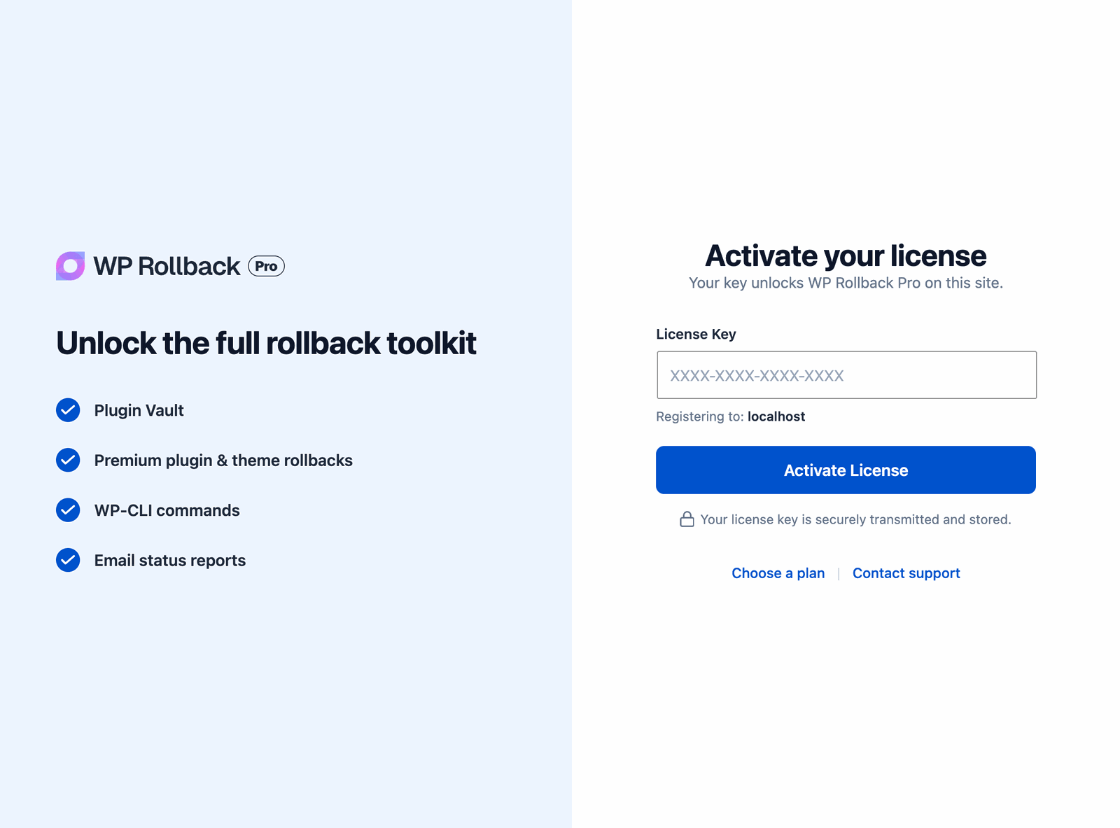 The Activate your license card in WP Rollback Pro