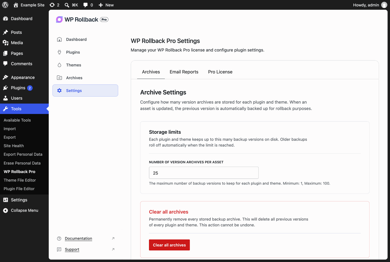 Settings → Archives, with the number of archives to keep and Clear all archives