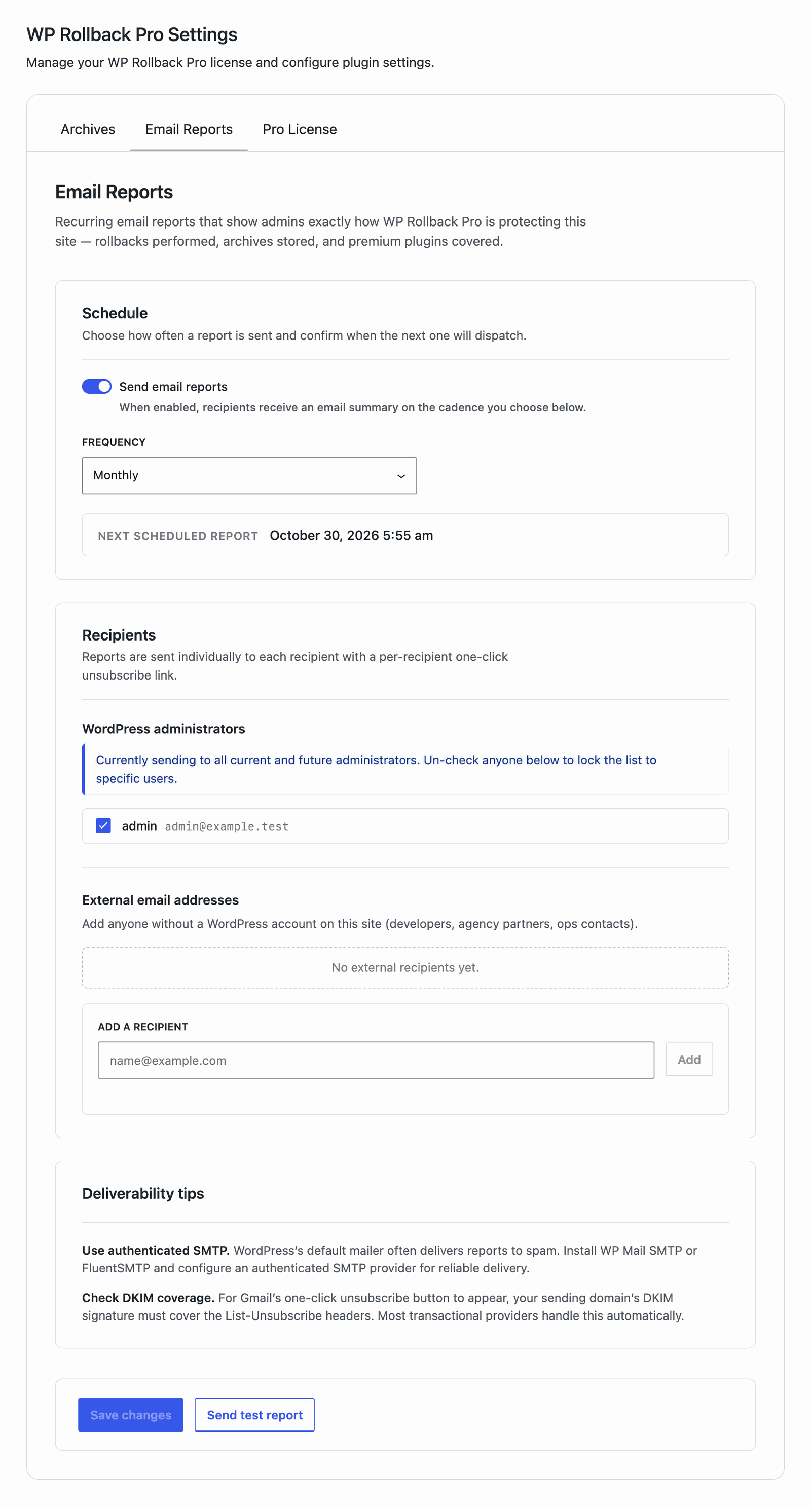 The Email Reports tab in WP Rollback Pro settings