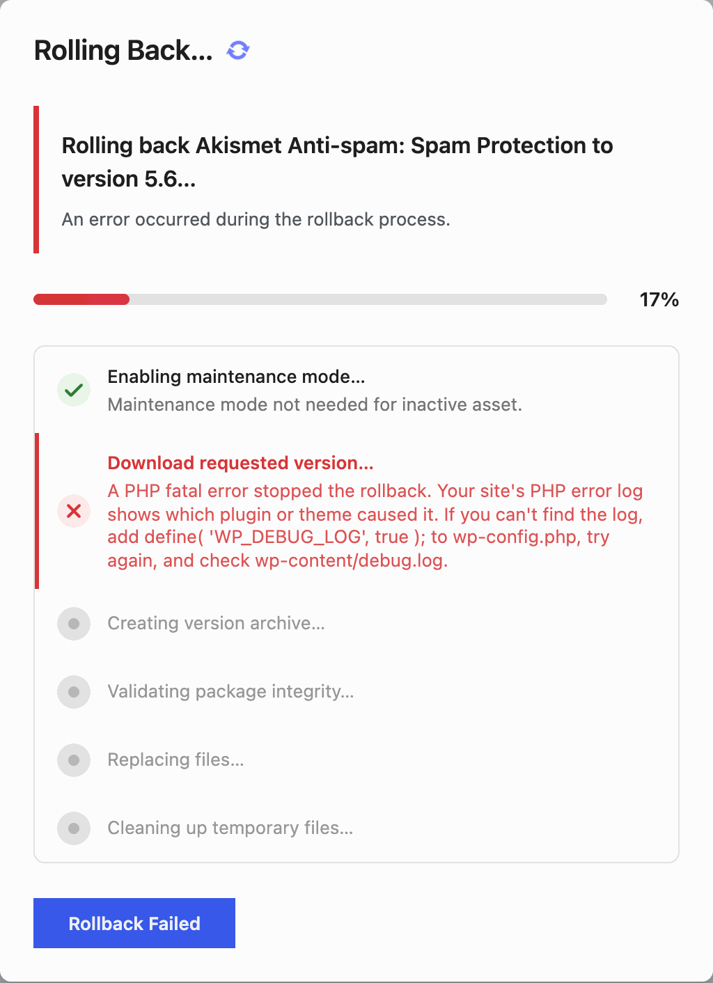 A failed rollback with the PHP fatal error message under the Download requested version step